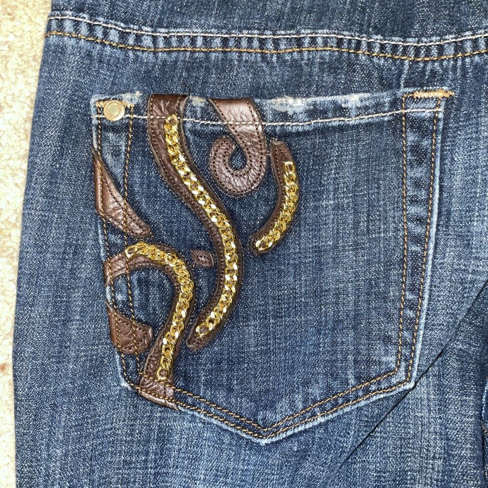 Miss Me Women's Distressed Low Rise Bootcut Leather Gold Chains Jeans Size 26